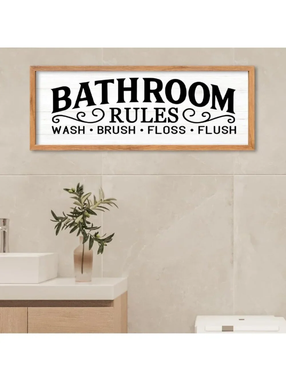 Funny Bathroom Rules Wall Art - Wooden Quote Sign for Home, Farmhouse, Restroom